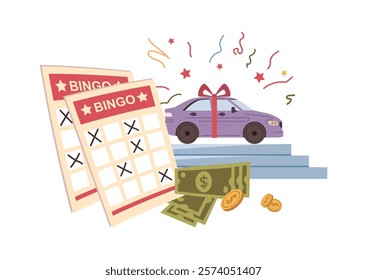 Gambling games and leisure time for gamblers. Vector isolated bingo or lottery ticket with crossed out cells. Prize for victory, car with ribbon, dollar banknotes and coins reward for winner