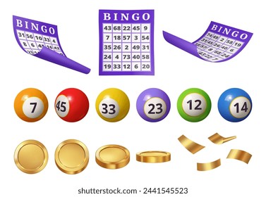 Gambling games playing and taking risk. Vector isolated realistic icons of balls with numbers, ticket and money prize. Confetti golden foil for celebration or jackpot and success victory