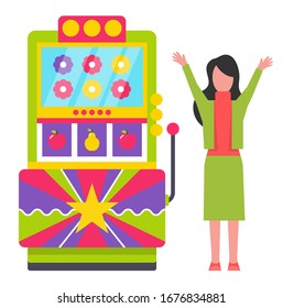 Gambling games slot machine with flowers vector, floral signs icons. Isolated character happy of winning money, device with handle controller mode