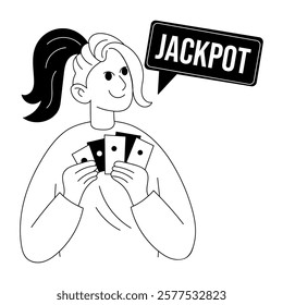 A gambling girl thinking jackpot, illustration in glyph style 

