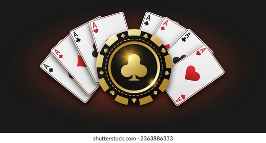 Gambling golden token with suit clubs. Banner for web app or site. Concept poker or casino. Realistic playing chip clubs and playing ace cards of all suits. Vector poster for championship.