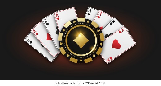 Gambling golden token with suit diamonds. Banner for web app or site. Concept poker or casino. Realistic playing chip diamonds and playing ace cards of all suits. Vector poster for championship.