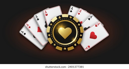 Gambling golden token with suit hearts. Banner for web app or site. Concept poker or casino. Realistic playing chip hearts and playing ace cards of all suits. Vector poster for championship.