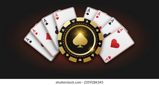 Gambling golden token with suit spades. Banner for web app or site. Concept poker or casino. Realistic playing chip spades and playing ace cards of all suits. Vector poster for championship.