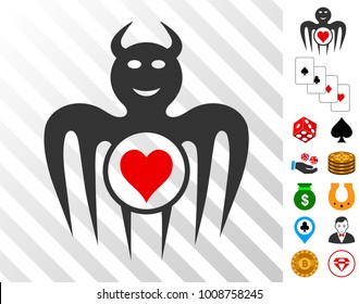 Gambling Happy Devil icon with bonus casino pictograms. Vector illustration style is flat iconic symbols. Designed for casino software.