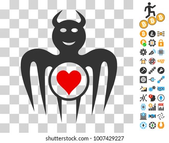 Gambling Happy Devil pictograph with bonus bitcoin mining and blockchain symbols. Vector illustration style is flat iconic symbols. Designed for crypto-currency apps.