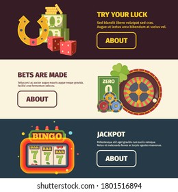 Gambling horizontal banners. Test your luck in game of dice chance roulette and poker rare jackpot in three seven slot machine luxurious club for relaxation entertainment. Vector fortune.