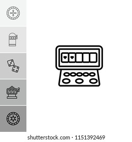 Gambling icon. collection of 6 gambling outline icons such as slot machine, dice, casino chip, roulette. editable gambling icons for web and mobile.