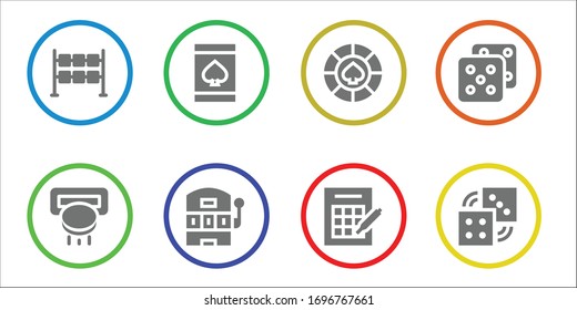 gambling icon set. 8 filled gambling icons.  Simple modern icons such as: Dice, Slot machine, Online gambling, Casino, Bingo, Dices