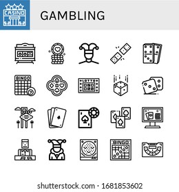 gambling icon set. Collection of Casino, Slot machine, Poker chip, Buffoon, Dominoes, Bingo, Poker, Lotto, Dice, Las vegas, Gambling, Playing cards, Online casino, Croupier icons