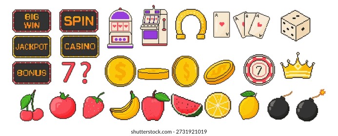 Conjunto de iconos de juego. Objeto de arte de píxeles en estilo de 8 bits. Jackpot, monedas, dados, jugando a las cartas, frutas, herradura, corona, bomba