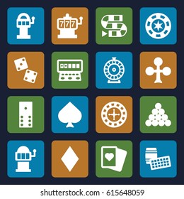 Gambling icons set. set of 16 gambling filled icons such as Spades, Clubs, Diamonds, Roulette, Slot machine, domino, dice, dice game, slot machine, biliard triangle, lotto