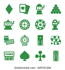 Gambling icons set. set of 16 gambling filled icons such as spades, clubs, diamonds, roulette, slot machine, domino, dice game, slot machine, biliard triangle, lotto