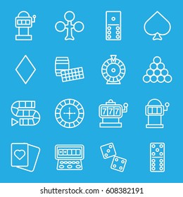 Gambling icons set. set of 16 gambling outline icons such as Spades, Clubs, Diamonds, Roulette, Slot machine, domino, dice, dice game, slot machine, biliard triangle