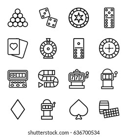 Gambling icons set. set of 16 gambling outline icons such as spades, diamonds, roulette, slot machine, domino, dice, dice game, slot machine, biliard triangle, lotto