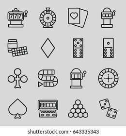 Gambling icons set. set of 16 gambling outline icons such as spades, clubs, diamonds, roulette, slot machine, domino, dice, dice game, slot machine, biliard triangle