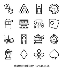 Gambling icons set. set of 16 gambling outline icons such as spades, clubs, diamonds, roulette, slot machine, domino, dice, dice game, slot machine, biliard triangle