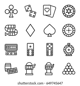 Gambling icons set. set of 16 gambling outline icons such as spades, clubs, diamonds, roulette, domino, slot machine, dice, dice game, slot machine, biliard triangle, lotto
