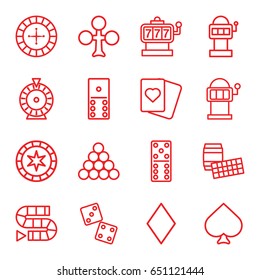 Gambling icons set. set of 16 gambling outline icons such as spades, clubs, diamonds, roulette, slot machine, domino, dice, dice game, slot machine, biliard triangle, lotto