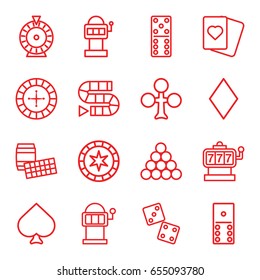 Gambling icons set. set of 16 gambling outline icons such as spades, clubs, diamonds, roulette, slot machine, domino, dice, dice game, slot machine, biliard triangle, lotto