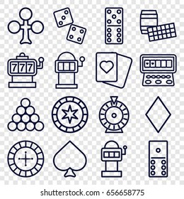 Gambling icons set. set of 16 gambling outline icons such as spades, clubs, diamonds, roulette, slot machine, domino, dice, slot machine, biliard triangle, lotto