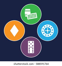 gambling icons set. Set of 4 gambling filled icons such as Diamonds, Roulette, domino
