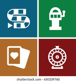 Gambling icons set. set of 4 gambling filled icons such as roulette, spades, dice game