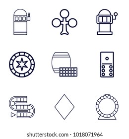 Gambling icons. set of 9 editable outline gambling icons such as clubs, slot machine, domino, casino chip, diamonds, roulette, dice game, slot machine