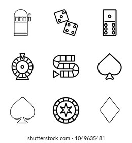 Gambling icons. set of 9 editable outline gambling icons such as spades, roulette, domino, dice, dice game, casino chip, diamonds