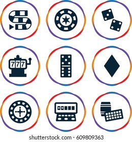 Gambling icons set. set of 9 gambling filled icons such as Diamonds, Roulette, Slot machine, domino, dice, dice game, lotto