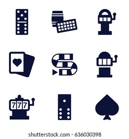 Gambling icons set. set of 9 gambling filled icons such as spades, slot machine, domino, dice game, slot machine