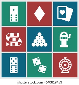 Gambling icons set. set of 9 gambling filled icons such as diamonds, domino, roulette, spades, dice, dice game, slot machine