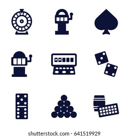 Gambling icons set. set of 9 gambling filled icons such as spades, domino, roulette, slot machine, dice, slot machine, biliard triangle