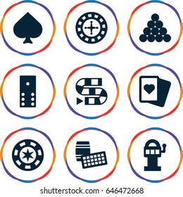 Gambling icons set. set of 9 gambling filled icons such as spades, roulette, domino, dice game, slot machine, biliard triangle, lotto