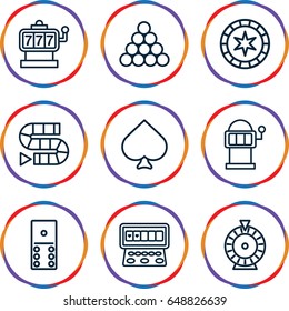 Gambling icons set. set of 9 gambling outline icons such as spades, slot machine, roulette, domino, dice game, biliard triangle
