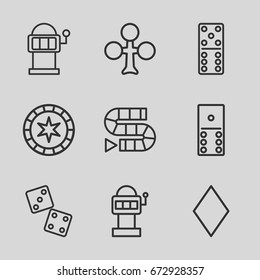 Gambling icons set. set of 9 gambling outline icons such as clubs, diamonds, domino, slot machine, dice, dice game, slot machine