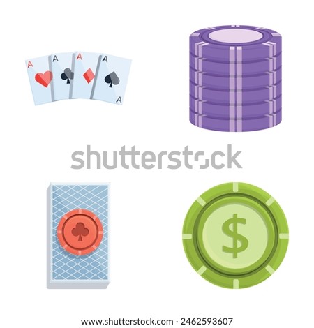 Gambling icons set cartoon vector. Casino poker cards and chips. Pastime, addiction