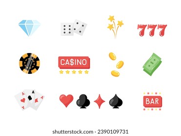 Gambling icons set, casino and card, poker game. Slot machine icon design with coins and lucky symbol in vector. Ui element for jackpot in gambling. Vector illustration in cartoon style