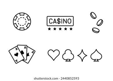 Juego de iconos de juego. Iconos de casino en estilo lineal. Iconos de Casino y Juegos de Azar. Fichas, Tarjetas, Trajes, Dinero, Monedas, Efectivo, Carteles. Ilustración aislada del vector