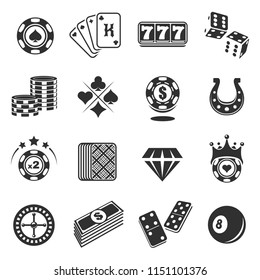 Gambling icons set isolated from background. Collection of various casino
icons in monochrome black and white flat design. Chips, cards, horseshoe, billiard ball, money, roulette, dice, slots.