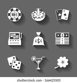 Gambling icons set isolated of chip casino roulette and martini, contrast shadows vector illustration