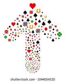 Gambling illustration constructed in the combination of upwards motion arrow. Upwards direction arrow composition made from gambling items.