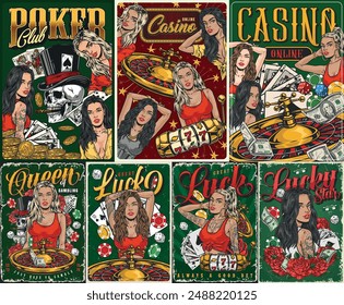 Gambling industry set flyers colorful with invitation to casino or poker club from beautiful women vector illustration