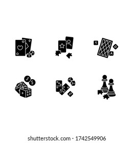 Gambling and intellectual games black glyph icons set on white space. Entertainment silhouette symbols. Games of chance and logic. Cards, dominoes, puzzles and chess. Vector isolated illustrationss