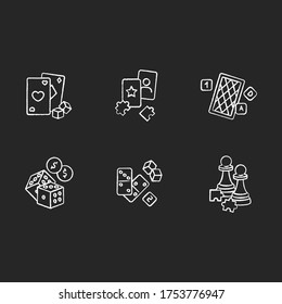 Gambling and intellectual games chalk white icons set on black background. Entertainment. Games of chance and logic. Cards, dominoes, puzzles and chess. Isolated vector chalkboard illustrations