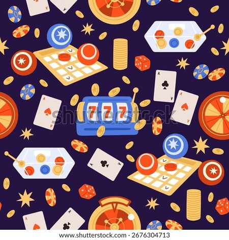 Gambling items. Roulette wheel. Playing poker cards. Gamble seamless pattern. Casino chips. Dices and token coins. Repeated print. Lottery and lotto numbered balls. Slot machine. Vector background