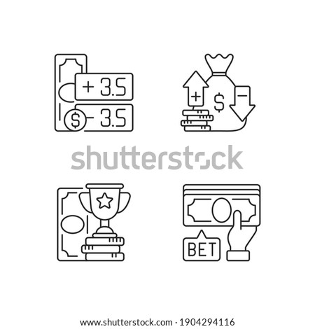 Gambling linear icons set. Point spread. Moneyline. Betting on sport events. Handicap betting. Customizable thin line contour symbols. Isolated vector outline illustrations. Editable stroke