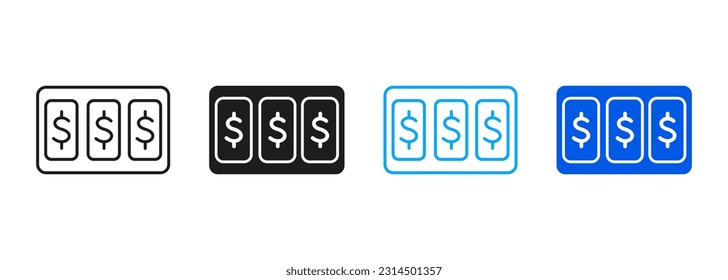 Gambling, Lottery, Game for Money Black and Color Symbol Collection. Gamble Slot Machine Sign. Jackpot in Slot Machine Line and Silhouette Icon Set. Casino in Las Vegas. Isolated Vector Illustration.