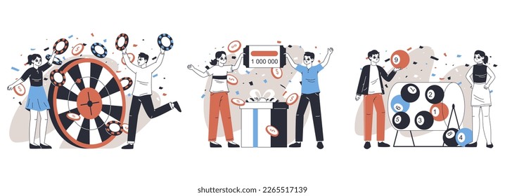 Gambling lucky players. Casino money prize winning, bingo and poker card game happy winners, people playing casino game flat vector illustration set