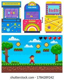 Gambling machine adventure pixel game. Colorful gambling machine decorated by screen of old video-game, entertainment vector, ninja superhero earning coins on steps